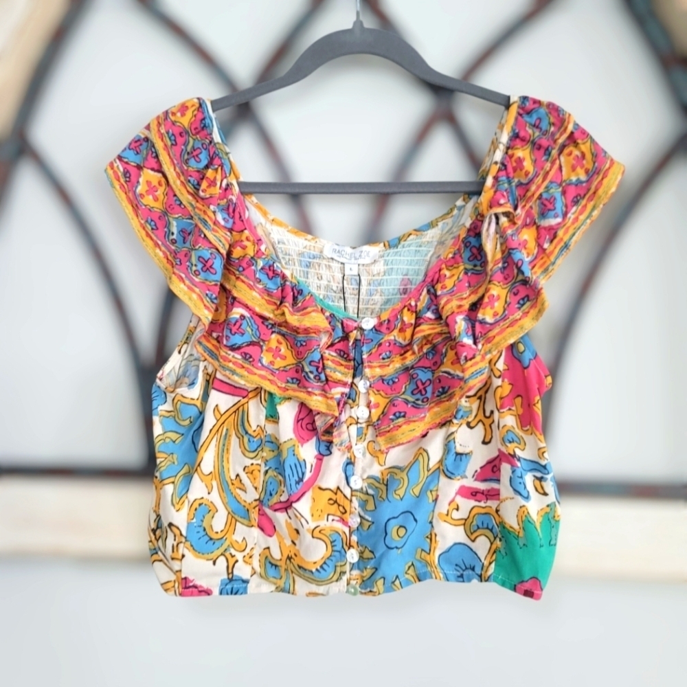 *NWT* Rachel Zoe, Multicolor Ruffled Off Shoulder Button Up Crop Top, Sz L